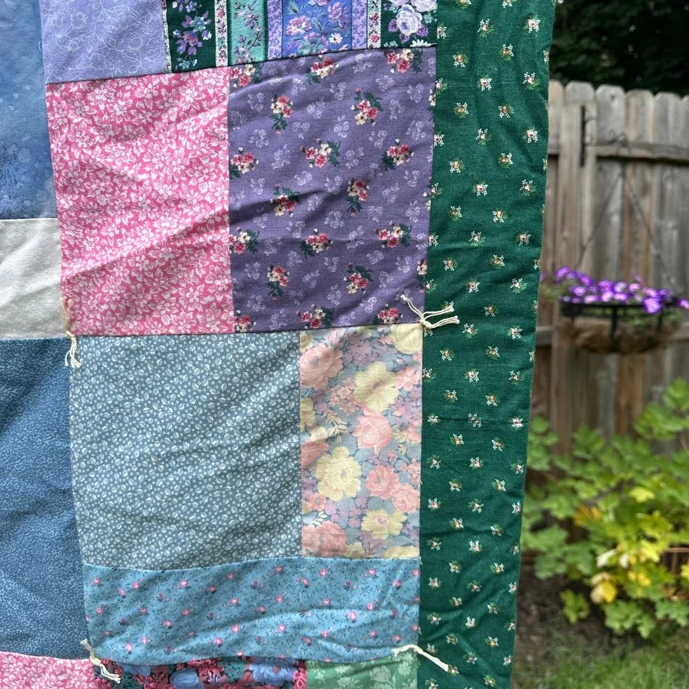 Handmade Patchwork Quilt Hand Tied Floral Multi Color Green Border Cottagecore